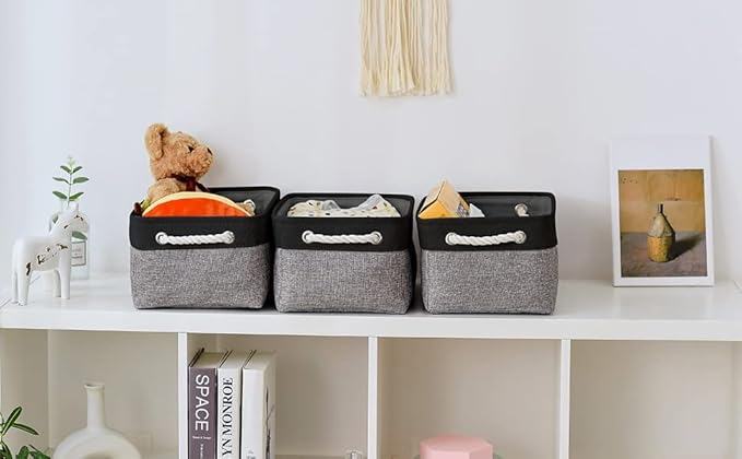 TheWarmHome Storage Basket for Organizing - 14x10x7 inch Medium 3 Pack Collapsible Storage Bin for Shelves with Rope, Fabric Storage Cubes for Organizer Cloth Gift Toy Closet (Black & Grey) - Image 8