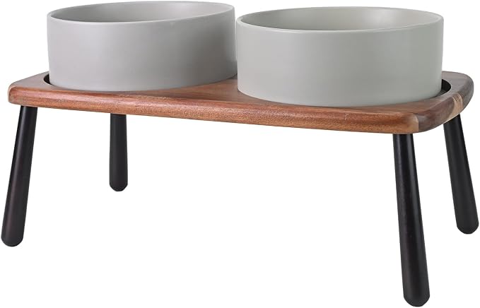 SPUNKYJUNKY Ceramic Elevated Dog Bowls Raised with Acacia Bamboo Wooden Stand, 8.3'' Dog Food Water Bowls Set Non-Slip for Medium Large Sized Breed Microwave Dishwasher Safe - 60 OZ,Grey by SPUNKYJUNKY