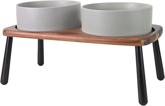 SPUNKYJUNKY Ceramic Elevated Dog Bowls Raised with Acacia Bamboo Wooden Stand, 8.3'' Dog Food Water Bowls Set Non-Slip for Medium Large Sized Breed Microwave Dishwasher Safe - 60 OZ,Grey by SPUNKYJUNKY