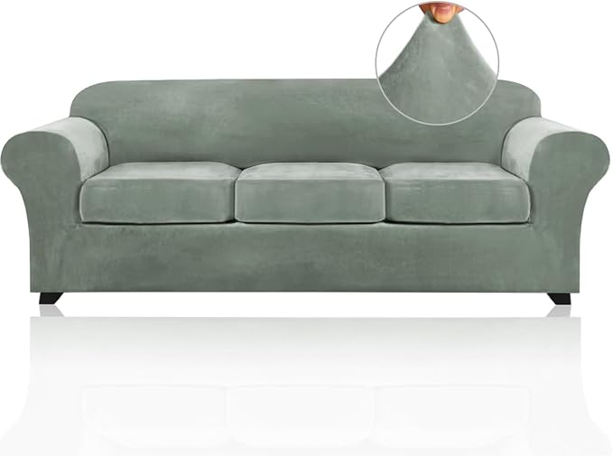 PrinceDeco Velvet Couch Covers for Sofa Soft 4 Pieces Couch Covers for 3 Cushion Couch Sofa Pet Friendly Furniture Protector with Non Slip Elastic Bottom Width Up to 97 Inch (Large Sofas, Sea Grass) by PrinceDeco