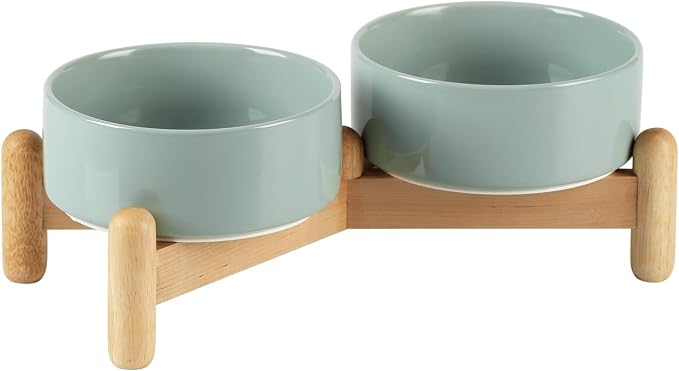 Havniva Elevated Dog Bowls Ceramic Dog Bowls with Stand, Dog Food Bowl | 5.1” Raised Dog Bowls with Non-Slip Wood Stand, Dog Food and Water Bowl Set, Double Dog Feeding Bowls for Small Dogs by Havniva