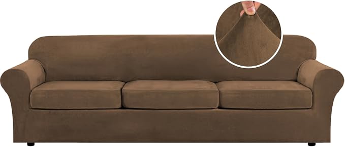 H.VERSAILTEX Modern Velvet Plush 4 Piece High Stretch Sofa Slipcover Furniture Protector Form Fit Velvet Extra Large Sofa Cover for 3 Cushion Couch Width Up to 105 Inch (XL Sofa, Bronze Brown) by HVERSAILTEX