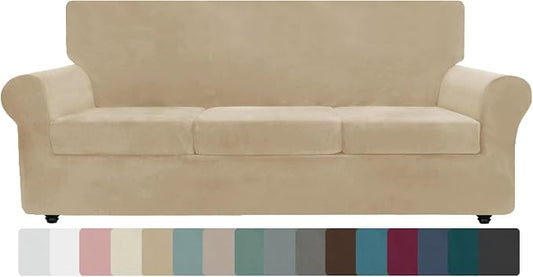 ZNSAYOTX Oversized Velvet Couch Cover 4 Piece (92"-115") Stretch Sofa Covers for 3 Cushion Couch Thick Soft XL-Slipcover with Non Slip Strap, Dog Pet Friendly Nice Furniture Protector (Camel) by ZNSAYOTX