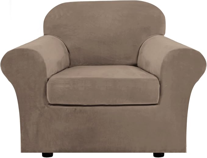 H.VERSAILTEX Rich Velvet Stretch 2 Piece Cover Chair Slipcover Sofa Cover Furniture Protector Couch Soft with Elastic Bottom Chair Couch Cover Width Up to 49 Inch (Chair, Mocha) by HVERSAILTEX