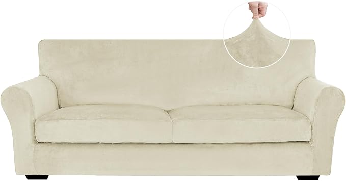 XINEAGE 3-Piece Velvet Sofa Cover,Couch Covers for Dog,Beige | 2 Cushion Sofa,Stretch Non-slip Elastic, Pet-friendly, Washable, Fast Setup, Soft Plush Fabric, Furniture Protector. by XINEAGE