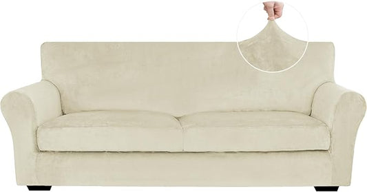 XINEAGE 3-Piece Velvet Sofa Cover,Couch Covers for Dog,Beige | 2 Cushion Sofa,Stretch Non-slip Elastic, Pet-friendly, Washable, Fast Setup, Soft Plush Fabric, Furniture Protector. by XINEAGE