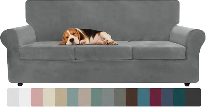 ZNSAYOTX Oversized Velvet Couch Cover 4 Piece (92"-115") Stretch Sofa Covers for 3 Cushion Couch Thick Soft XL-Slipcover with Non Slip Strap, Dog Pet Friendly Nice Furniture Protector (Grey) by ZNSAYOTX