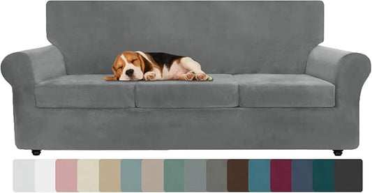 ZNSAYOTX Oversized Velvet Couch Cover 4 Piece (92"-115") Stretch Sofa Covers for 3 Cushion Couch Thick Soft XL-Slipcover with Non Slip Strap, Dog Pet Friendly Nice Furniture Protector (Grey) by ZNSAYOTX