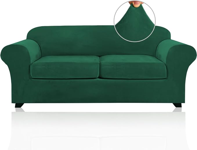 PrinceDeco 3 Pieces Sofa Covers Velvet Couch Covers for 2 Cushion Sofa Soft Sofa Covers for 2 Cushion Couch Width Up to 90 Inch Feature Thick Soft Stay in Plac(Medium-Large, Green) by PrinceDeco
