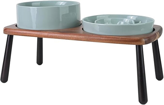 SPUNKYJUNKY Ceramic Elevated Dog Bowls with Slow Feeder Raised Acacia Bamboo Wooden Stand, 8.3'' Dog Food Water Bowls Set Non-Slip for Medium Large Sized Breed Microwave Dishwasher Safe - Light Green by SPUNKYJUNKY