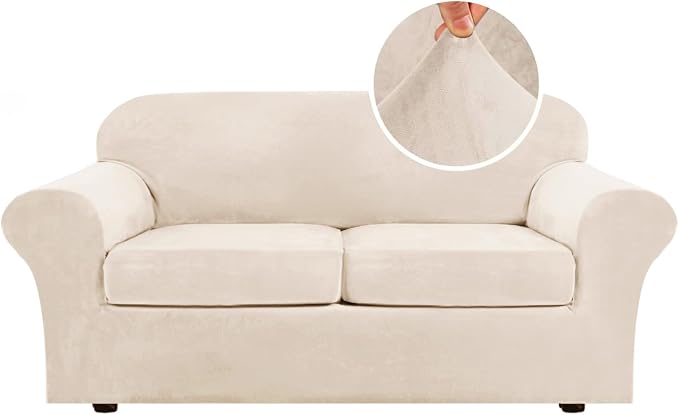 H.VERSAILTEX Real Velvet Plush 3 Piece Stretch Sofa Covers Couch Covers for 2 Cushion Couch Sofa Slipcovers Width Up to 90 Inch Feature Thick Soft Stay in Place (Sofa, Cream) by HVERSAILTEX