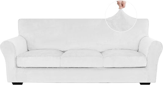 XINEAGE 4-Piece Velvet Sofa Cover,Couch Covers for Dog,White | 3 Cushion Sofa,Stretch Non-slip Elastic, Pet-friendly, Washable, Fast Setup, Soft Plush Fabric, Furniture Protector. by XINEAGE