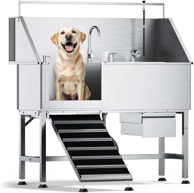 56 Inch Dog Washing Station, 304 Stainless Steel Pet Grooming Tub for Large Dogs with Ramp, Adjustable Grate, Faucet, Drainage Kit, Storage Drawer for Home, Salon, Garage | Helps Bathe Medium and Large Dogs with Less Lifting and Bending by DYTREND