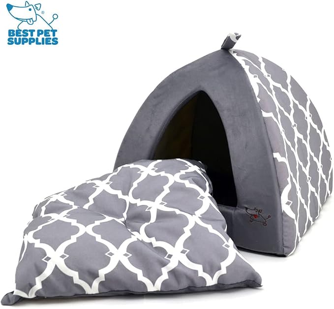 Best Pet Supplies Cat Bed for Indoor Cat, Domed Tent House with Removable Pillow, Covered Cat Cave for Small Dog, Puppies and All Breeds of Cats - Gray Lattice, 19 x 19 x H:19" - Image 4