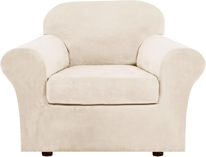 H.VERSAILTEX Rich Velvet Stretch 2 Piece Cover Chair Slipcover Sofa Cover Furniture Protector Couch Soft with Elastic Bottom Couch Cover Width Up to 49 Inch 85% Polyester 15% Spandex (Chair, Cream) by HVERSAILTEX