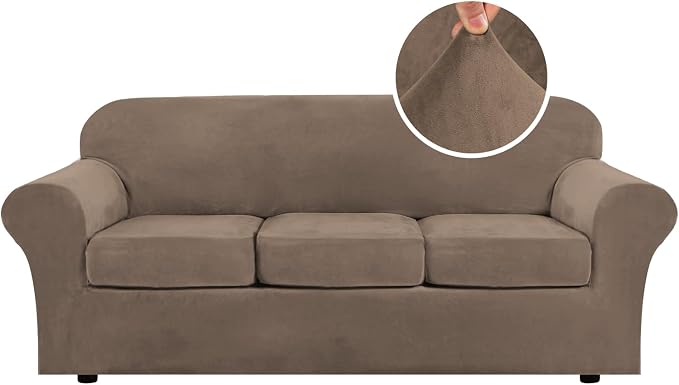 H.VERSAILTEX Modern Velvet Plush 4 Piece High Stretch Sofa Slipcover Sofa Cover Furniture Protector Form Fit Thick Velvet Sofa Cover for 3 Cushion Couch Width Up to 90 Inch (Sofa, Mocha) by HVERSAILTEX