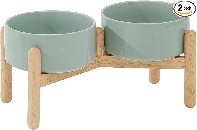 Havniva Elevated Dog Bowls Ceramic Dog Bowls with Stand, Dog Food Bowl | 6.1” Raised Dog Bowls with Non-Slip Wood Stand, Dog Food and Water Bowl Set, Double Dog Feeding Bowls for Small & Medium Dogs by Havniva