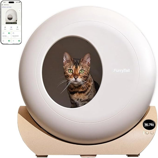 FurryTail Self Cleaning Litter Box with APP - Automatic Cat Litter Box for All Your Cats, Odor Control, Spacious Interior and Large Wastes Bin Capacity,Includes 40 Litter Bags by Furrytail