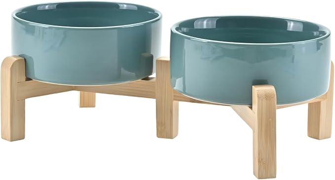SPUNKYJUNKY Elevated Dog Bowls Ceramic, 5.1'' Dogs and Cat Food Water Bowls Raised with Non-Slip Bamboo Stand for Puppy Small Sized Breed Microwave Dishwasher Safe - 13.5 OZ,Dark Green by SPUNKYJUNKY
