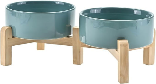 SPUNKYJUNKY Elevated Dog Bowls Ceramic, 5.1'' Dogs and Cat Food Water Bowls Raised with Non-Slip Bamboo Stand for Puppy Small Sized Breed Microwave Dishwasher Safe - 13.5 OZ,Dark Green by SPUNKYJUNKY