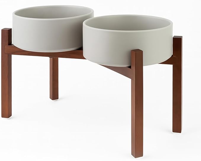 SPUNKYJUNKY Raised Ceramic Dog Bowls Set with Non-Slip Acacia Wood Stand for Large Sized Dog(60.87 OZ, Gray) by SPUNKYJUNKY