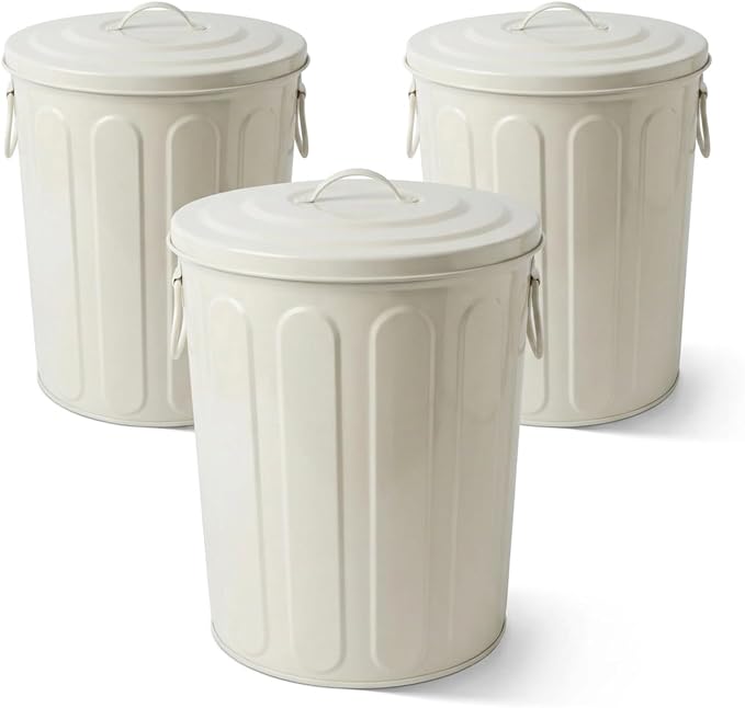 Plexon 5 Gallon Small Metal Trash Can with Lid Outdoor Galvanized Steel Bucket with Lid 5 Gal Storage Can for Dog Food Bird Seed Storage Container, Off-White 3 Pack by Plexon