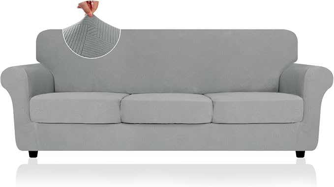 ZNSAYOTX 4 Piece Stretch XL-Sofa Covers (91"-110") for 3 XL Cushion Couch, Thick Couch Cover with Elastic Band Bottom Ties Non-Slip Stay in Place, Soft Durable Oversized Slipcovers, Light Grey by ZNSAYOTX