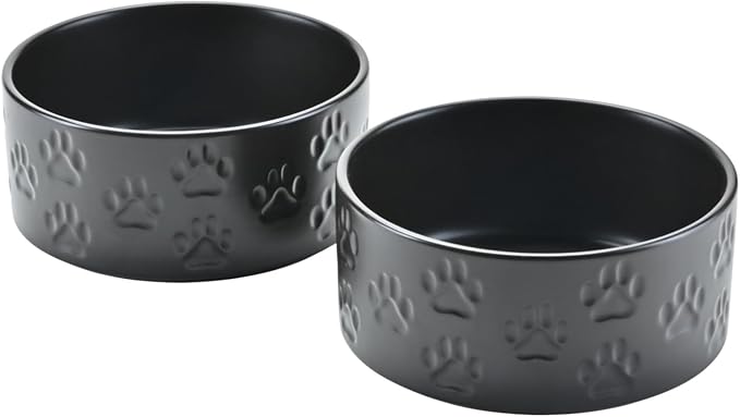 SPUNKYJUNKY Ceramic Dog and Cat Bowls 2 Pack, 5.1'' Dog and Cat Food Water Double Feeding Bowls Non-Slip for Cats and Puppy Small Sized Breed Dogs Microwave Dishwasher Safe - 13.5 OZ, 2pcs, Paw Black by SPUNKYJUNKY
