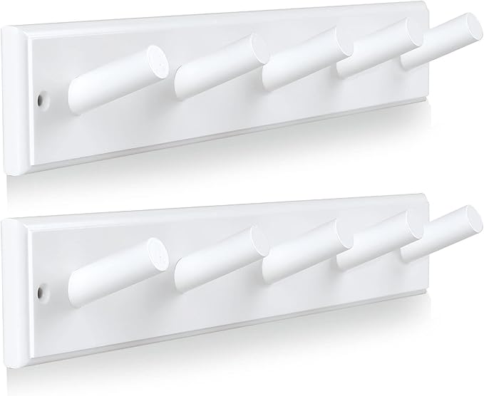 Wooden Coat Rack 2Pcs, 16'' Hole to Hole Wooden Wall-Mounted Coat Hooks, 5 Pegs Bamboo Wall Hooks for Hanging Towels, Hats, Robes, Clothes, Keys, White by muukinghouse
