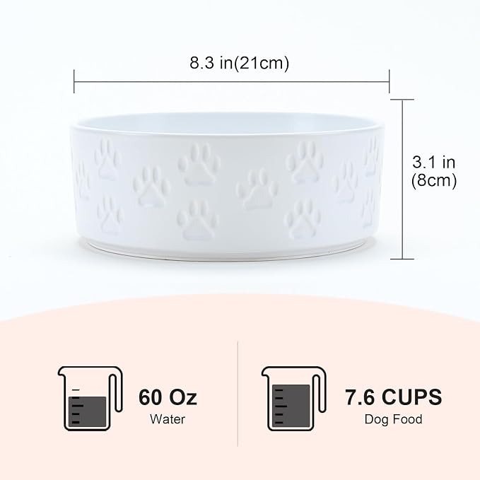 SPUNKYJUNKY Ceramic Dog Bowls 2 Pack, 8.3'' Dog Food Water Double Feeding Bowls Non-Slip for Medium to Large Sized Breed Microwave Dishwasher Safe - 60 OZ, 2pcs, Paw White - Image 2