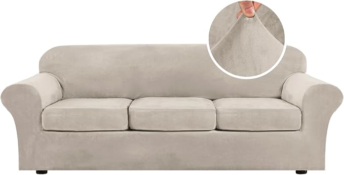 H.VERSAILTEX High Stretch Sofa Slipcover 4 Piece Cover Velvet Furniture Protector Form Fit Thick Velvet Extra Large Sofa Cover for 3 Cushion Couch Width Up to 97 Inch (Large Sofa, French Oak) by HVERSAILTEX