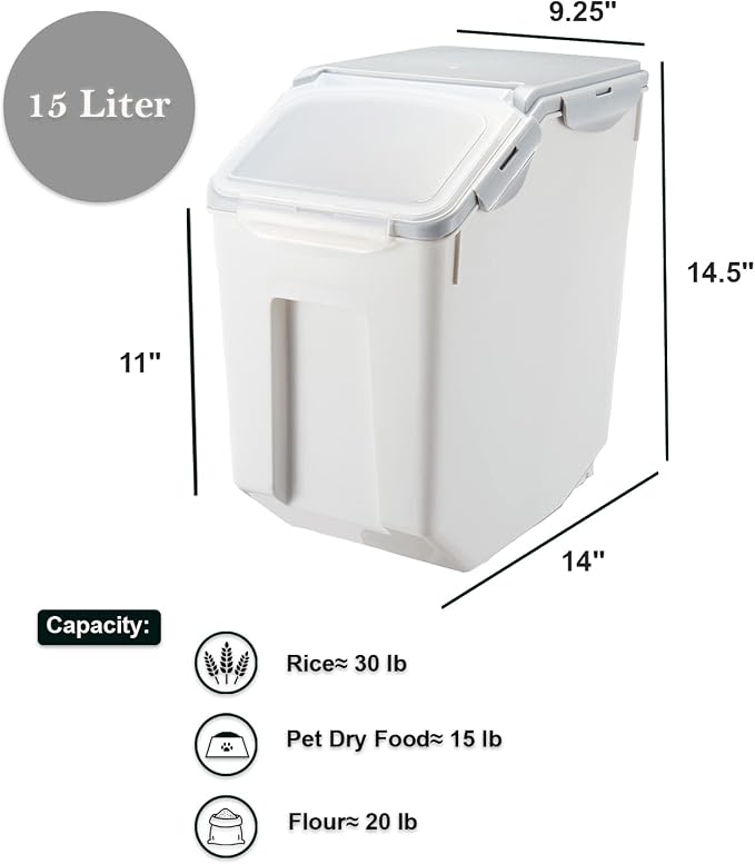 HANAMYA 15 Liter / 30 lbs Rice Storage Container with Measuring Cup, BPA free, For Rice | Grain | Pet Food | Flour, 1 count, White & Gray - Image 4