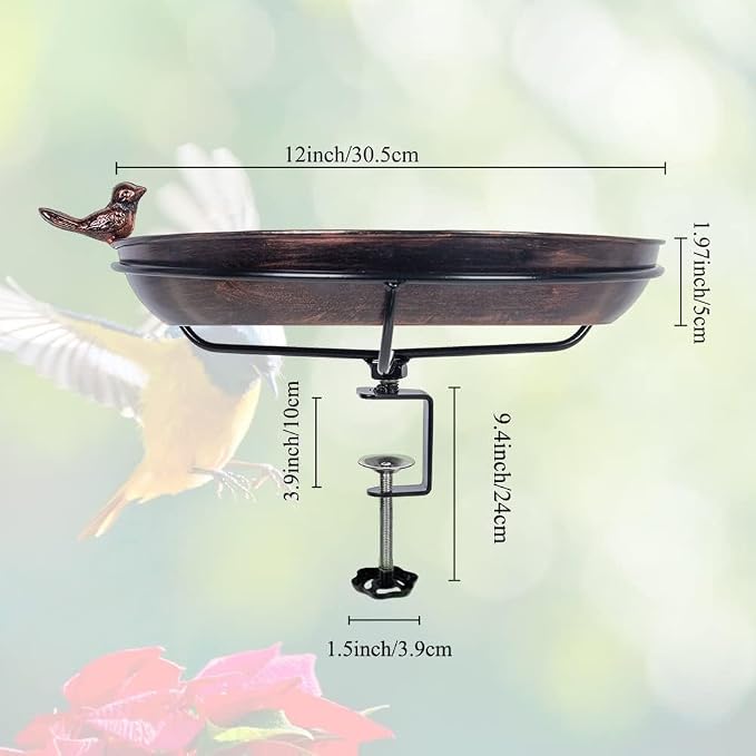 12' Railing Bird Bath for Deck Mounted Metal Bowl with Lightweight Detachable, Bird Baths with Adjustable Sturdy Steel Clamp for Deck Railing Balcony Yard Garden Decoration - Image 6