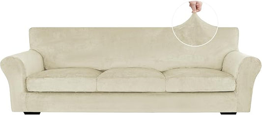XINEAGE 4-Piece Velvet Oversize Sofa Cover, Couch Covers for Dog,Beige | 3 Cushion Large Sofa,Stretch Non-slip Elastic, Pet-friendly, Washable, Fast Setup, Soft Plush Fabric, Furniture Protector. by XINEAGE