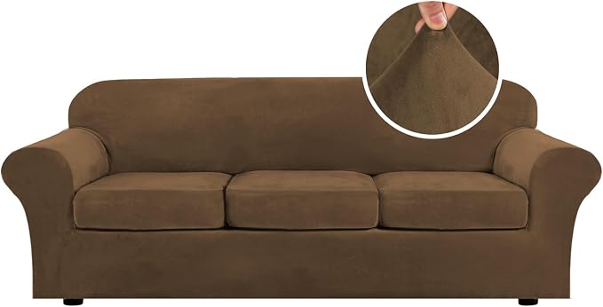 H.VERSAILTEX High Stretch Sofa Slipcover 4 Piece Cover Velvet Furniture Protector Form Fit Thick Velvet Extra Large Sofa Cover for 3 Cushion Couch Width Up to 97 Inch (Large Sofa, Bronze Brown) by HVERSAILTEX