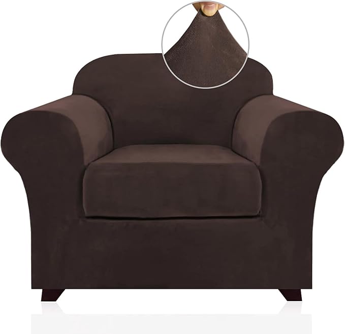 PrinceDeco Velvet Plush Couch Cover Stretch 2 Piece Chair Cover Chair Slipcover Washable Furniture Protector Couch Soft with Elastic Bottom Armchair Cover Width Up to 49 Inch(Small, Brown) by PrinceDeco