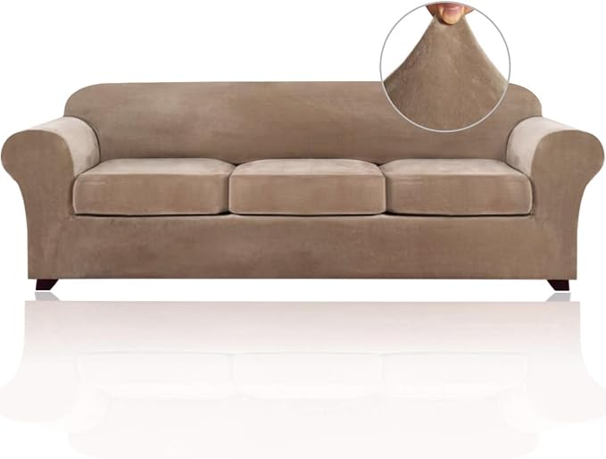 PrinceDeco Velvet XL Couch Cover for Oversized Sofa 4 Piece Sofa Covers for 3 Cushion Couch Washable Furniture Protector with Non Slip Elastic Bottom Width Up to 105 Inch(X-Large, Camel) by PrinceDeco