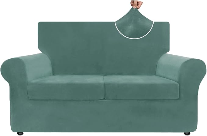ZNSAYOTX Luxury Velvet Sofa Cover 3 Piece (57"-70") Stretch Loveseat Covers for 2 Cushion Couch Thick Soft Couch Slipcover with Non Slip Strap, Dog Pet Friendly Nice Furniture Protector (Pea Green) by ZNSAYOTX