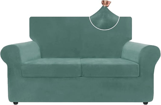 ZNSAYOTX Luxury Velvet Sofa Cover 3 Piece (57"-70") Stretch Loveseat Covers for 2 Cushion Couch Thick Soft Couch Slipcover with Non Slip Strap, Dog Pet Friendly Nice Furniture Protector (Pea Green) by ZNSAYOTX
