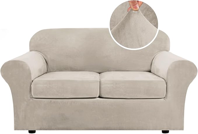 H.VERSAILTEX Real Velvet Plush 3 Piece Stretch Sofa Covers Couch Covers for 2 Cushion Couch Loveseat Covers Width Up to 72 Inch Feature Thick Soft Stay in Place (Medium Sofa, French Oak) by HVERSAILTEX