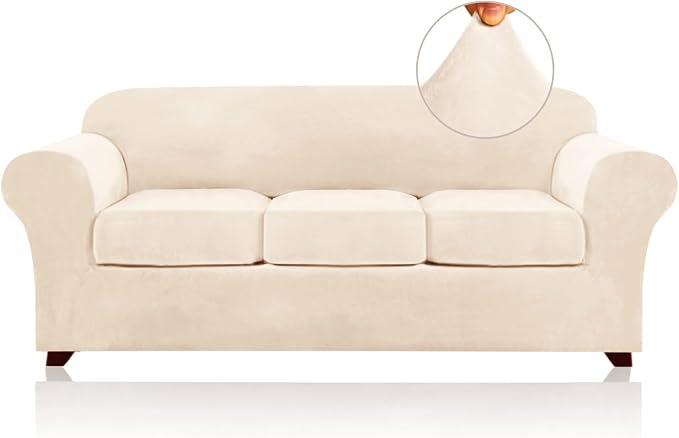 PrinceDeco Velvet Couch Covers for Sofa Soft 4 Pieces Couch Covers for 3 Cushion Couch Sofa Pet Friendly Furniture Protector with Non Slip Elastic Bottom Width Up to 97 Inch (Large Sofas, Cream) by PrinceDeco