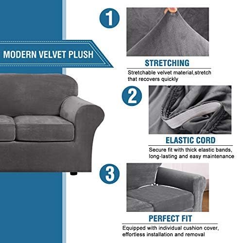 H.VERSAILTEX Velvet 4 Piece High Stretch Sofa Slipcover Cover Furniture Protector Form Fit Luxury Thick Velvet Extra Large Sofa Cover for 3 Cushion Couch Width Up to 105 Inch (XL Sofa, Gray) - Image 3