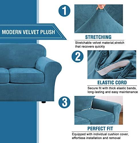 H.VERSAILTEX Velvet 4 Piece High Stretch Sofa Slipcover Cover Furniture Protector Form Fit Thick Velvet Extra Large Sofa Cover for 3 Cushion Couch Width Up to 105 Inch (XL Sofa, Peacock Blue) - Image 3