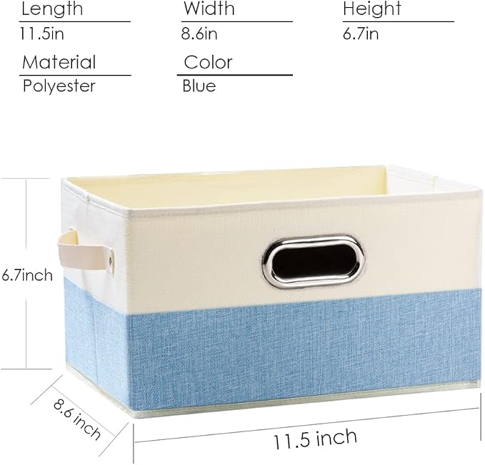 PRANDOM Fodable Storage Bins for Closet [3-pack] Decorative Fabric Storage Baskets Cubes with Leather/Metal Handles for Shelves Bedroom Living Room Blue&Cream (11.5x8.5x6.7 Inch) - Image 4