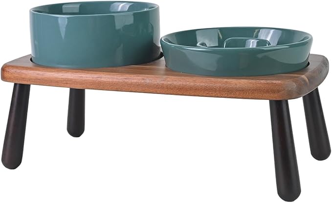 SPUNKYJUNKY Ceramic Elevated Dog Bowls with Slow Feeder Raised with Acacia Bamboo Wooden Stand, 6.1'' Dog and Cat Food Water Bowls Set Non-Slip for Small Medium Sized Breed - Dark Green by SPUNKYJUNKY
