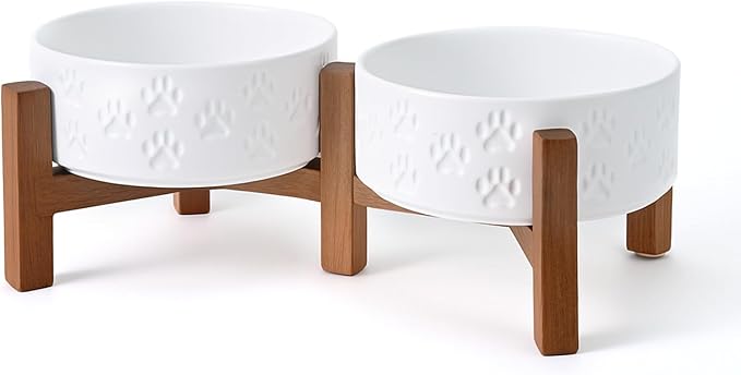 SPUNKYJUNKY Ceramic Elevated Dog Bowl Set with Acacia Wood Stand for Food and Water for Cats and Small Dogs (13.52 OZ, White, Dog Paw Pattern) by SPUNKYJUNKY