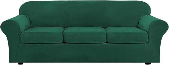 H.VERSAILTEX Modern Velvet Plush 4 Piece High Stretch Sofa Slipcover Furniture Protector Form Fit Velvet Extra Large Sofa Cover for 3 Cushion Couch Width Up to 105 Inch(XL Sofa, Vintage Green) by HVERSAILTEX