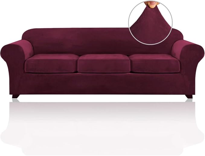 PrinceDeco Velvet Couch Covers for Sofa Soft 4 Pieces Couch Covers for 3 Cushion Couch Sofa Pet Friendly Furniture Protector with Non Slip Elastic Bottom Width Up to 97 Inch (Large Sofas, Burgundy) by PrinceDeco