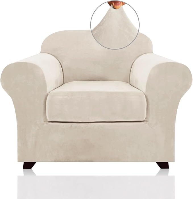 PrinceDeco Velvet Plush Couch Cover Stretch 2 Piece Chair Cover Chair Slipcover Washable Furniture Protector Couch Soft with Elastic Bottom Armchair Cover Width Up to 49 Inch(Small, Ivory) by PrinceDeco