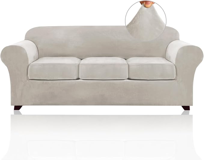 PrinceDeco Velvet Couch Covers for Sofa Soft 4 Pieces Couch Covers for 3 Cushion Couch Sofa Pet Friendly Furniture Protector with Non Slip Elastic Bottom Width Up to 90 Inch(Large, Oatmeal) by PrinceDeco
